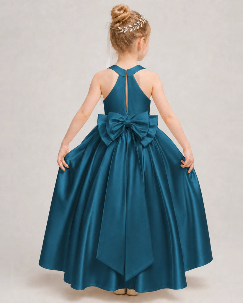 Teal Satin A-line Girls Formal Dress Back View