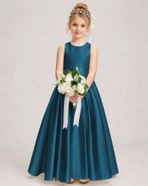 Dideyttawl White Girls Formal Dress Halter Satin Floor-Length Ball Gown