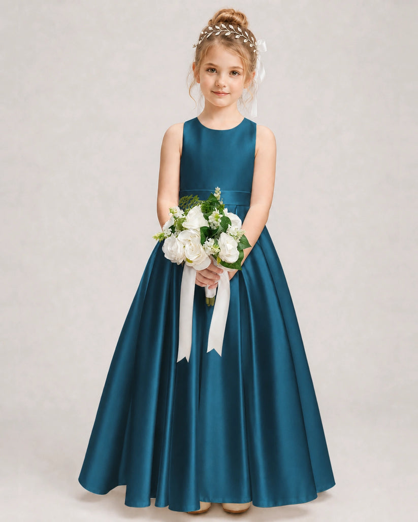 Teal Satin A-line Girls Formal Dress Front View