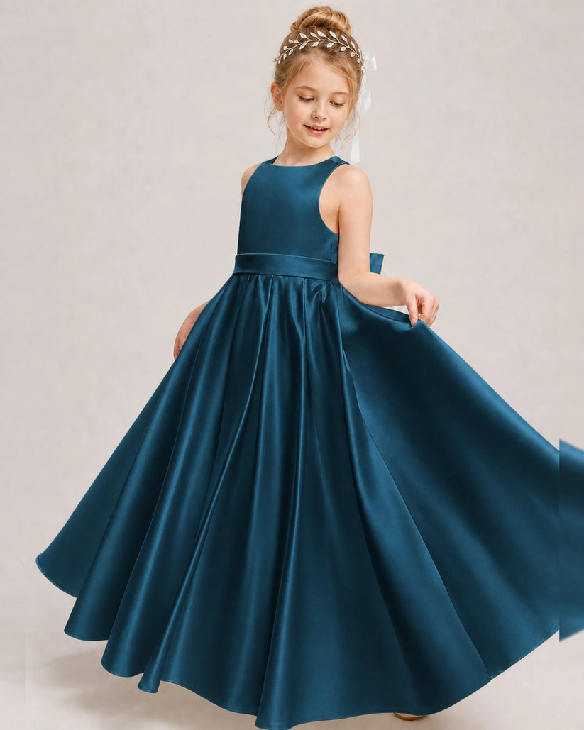 Teal Satin A-line Girls Formal Dress Front View