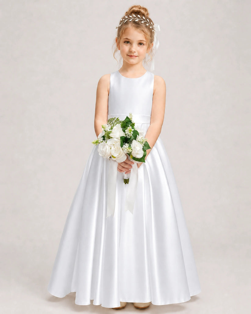 White Satin A-line Girls Formal Dress Front View