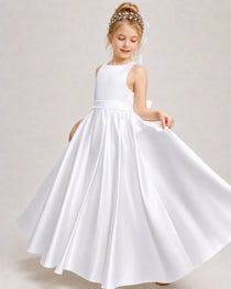 White Flower Girl Dress Halter Satin Floor-Length Ball Gown