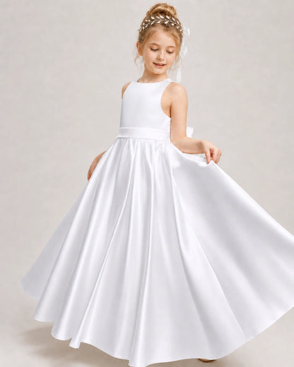 White Flower Girl Dress Halter Satin Floor-Length Ball Gown