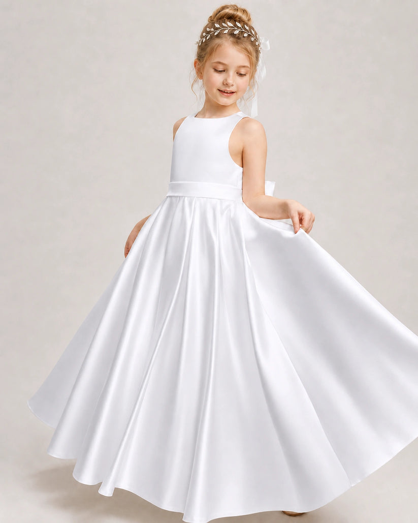 White Satin A-line Girls Formal Dress Front View
