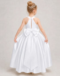 White Flower Girl Dress Halter Satin Floor-Length Ball Gown Back View
