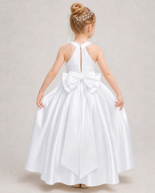 White Satin A-line Girls Formal Dress Back View