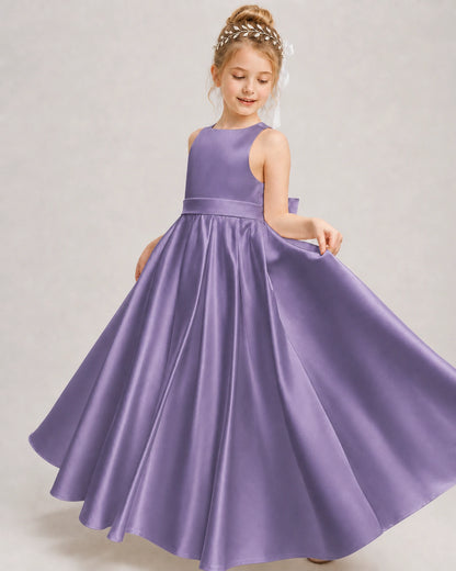 Dideyttawl White Flower Girl Dress | Halter Satin Floor-Length Ball Gown