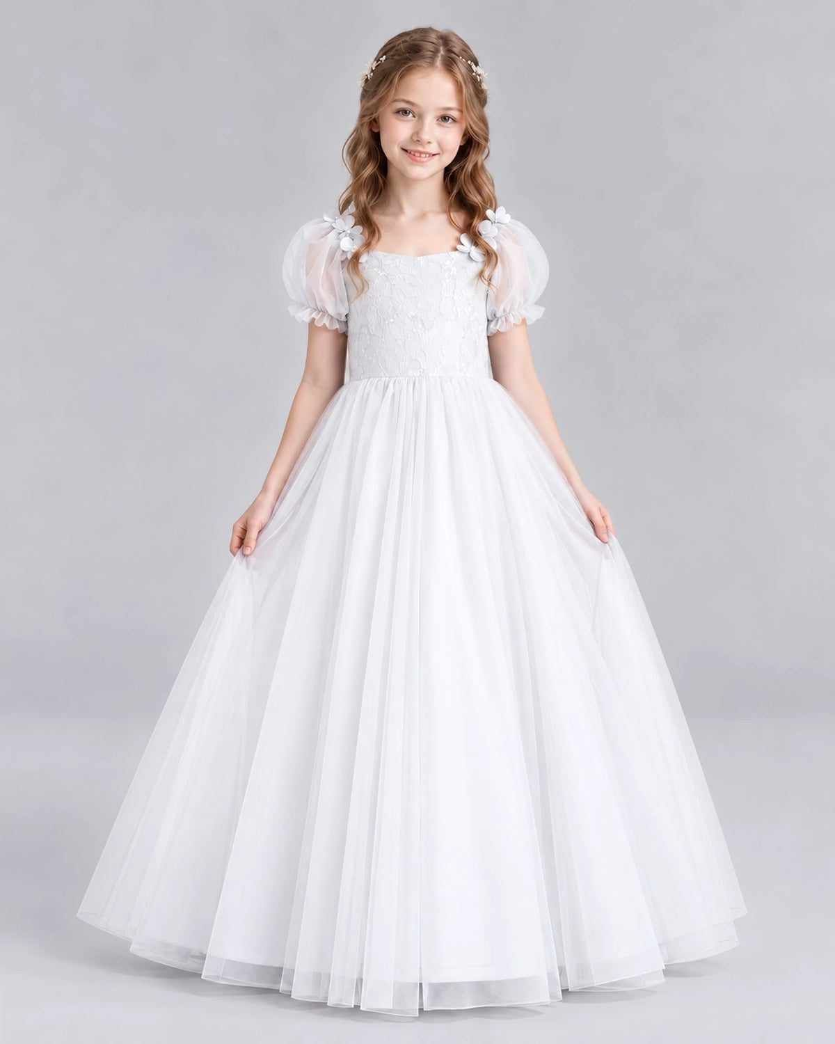 White Ball Gown Girls Formal Dresses Front