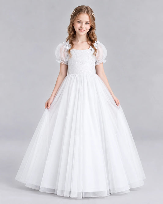 White Ball Gown Girls Formal Dresses Front