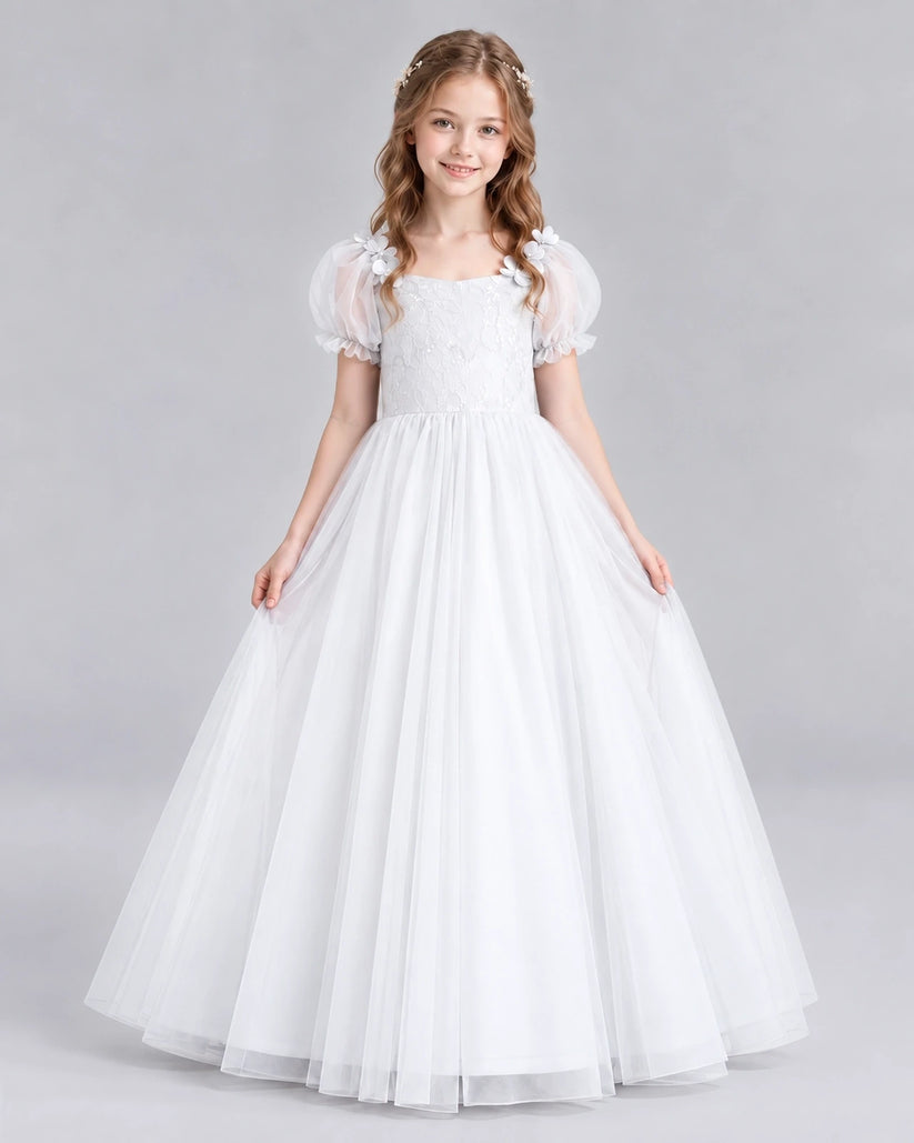 White Ball Gown Girls Formal Dresses Front