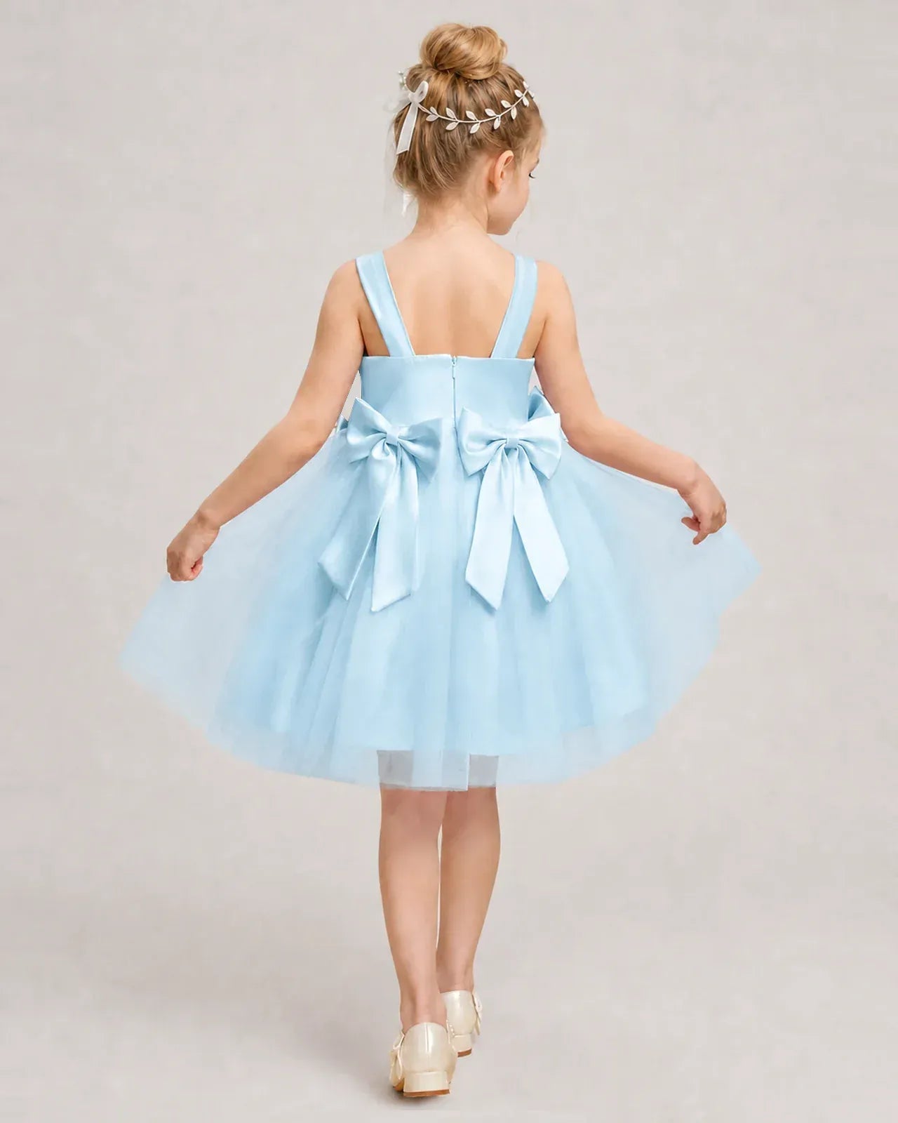 Babyblue Lightblue Satin Tulle A-line Girls Formal Dress Back View