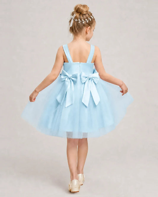 Baby Blue Satin Tulle A-line Girls Formal Dress Back View