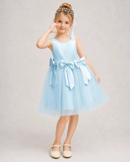 Babyblue Lightblue Satin Tulle A-line Girls Formal Dress Front View