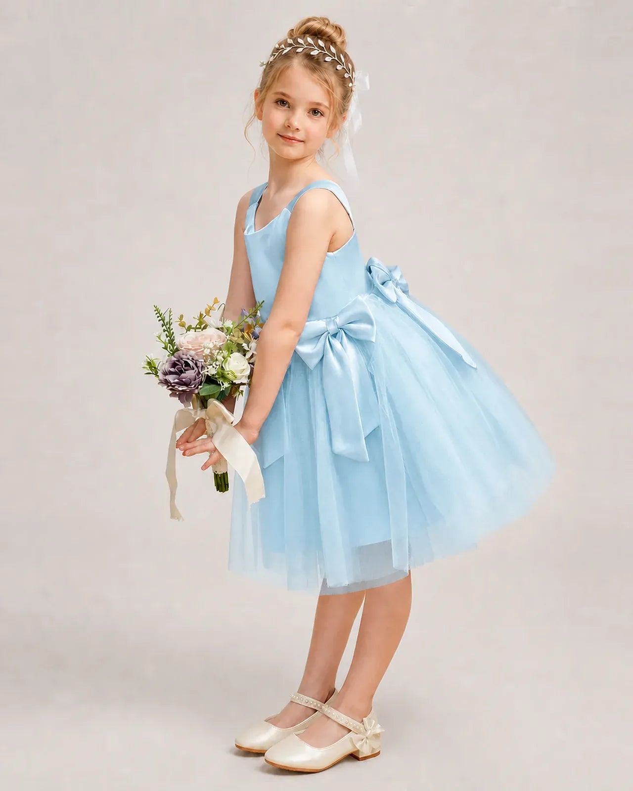 Babyblue Lightblue Satin Tulle A-line Girls Formal Dress Side View