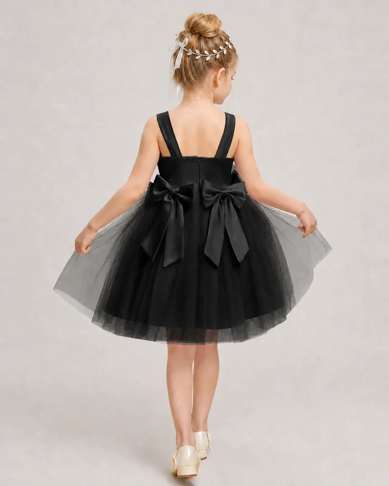 Black Satin Tulle A-line Girls Formal Dress Back View