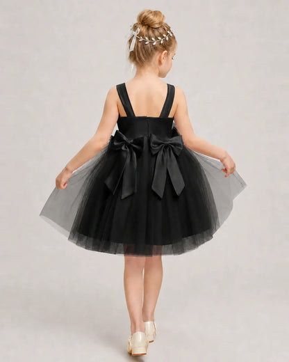 Black Satin Tulle A-line Girls Formal Dress Back View