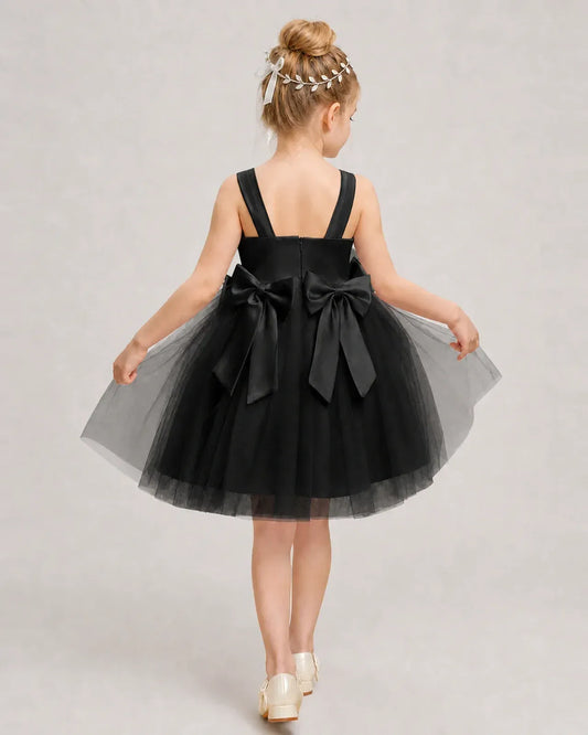 Black Satin Tulle A-line Girls Formal Dress Back View
