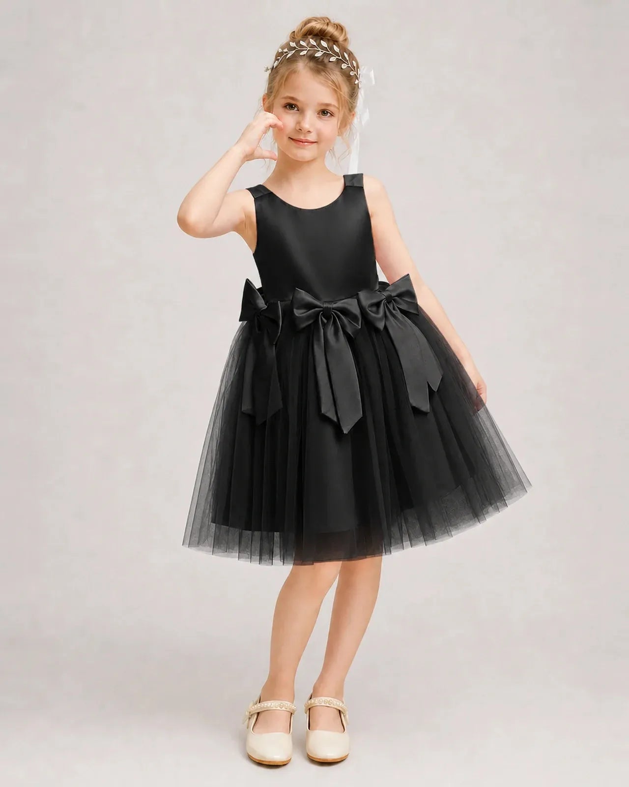 Black Satin Tulle A-line Girls Formal Dress Front View