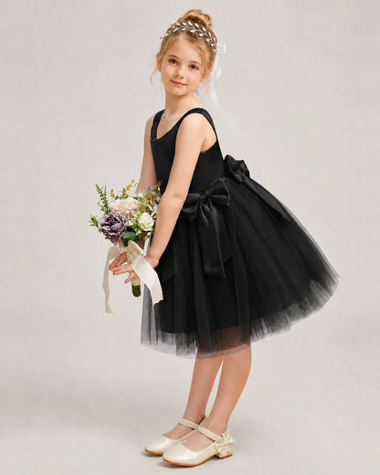 Black Satin Tulle A-line Girls Formal Dress Side View