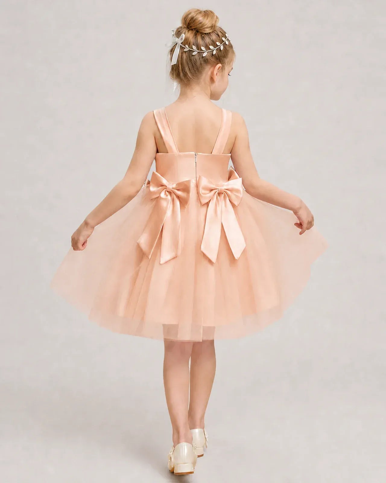 Blushpink Satin Tulle A-line Girls Formal Dress Back View