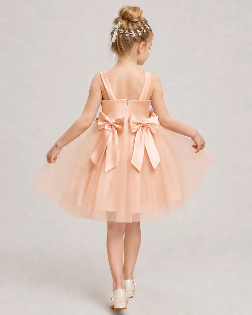 Blushpink Satin Tulle A-line Girls Formal Dress Back View