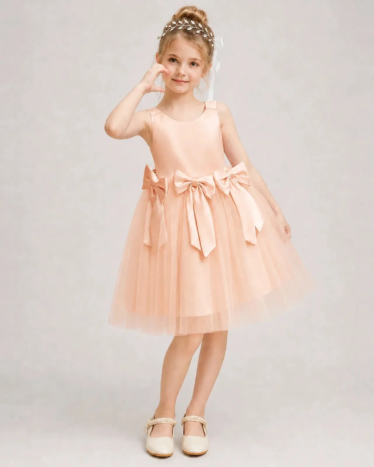 Blushpink Satin Tulle A-line Girls Formal Dress Front View