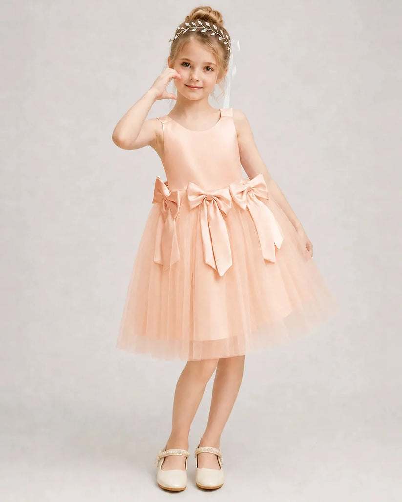 Blushpink Satin Tulle A-line Girls Formal Dress Front View