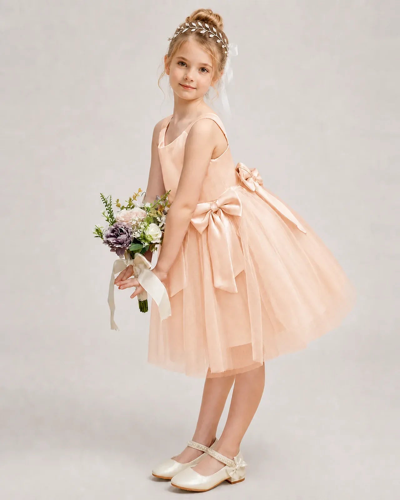 Blushpink Satin Tulle A-line Girls Formal Dress Side View