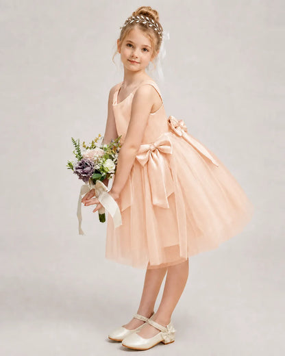 Blushpink Satin Tulle A-line Girls Formal Dress Side View