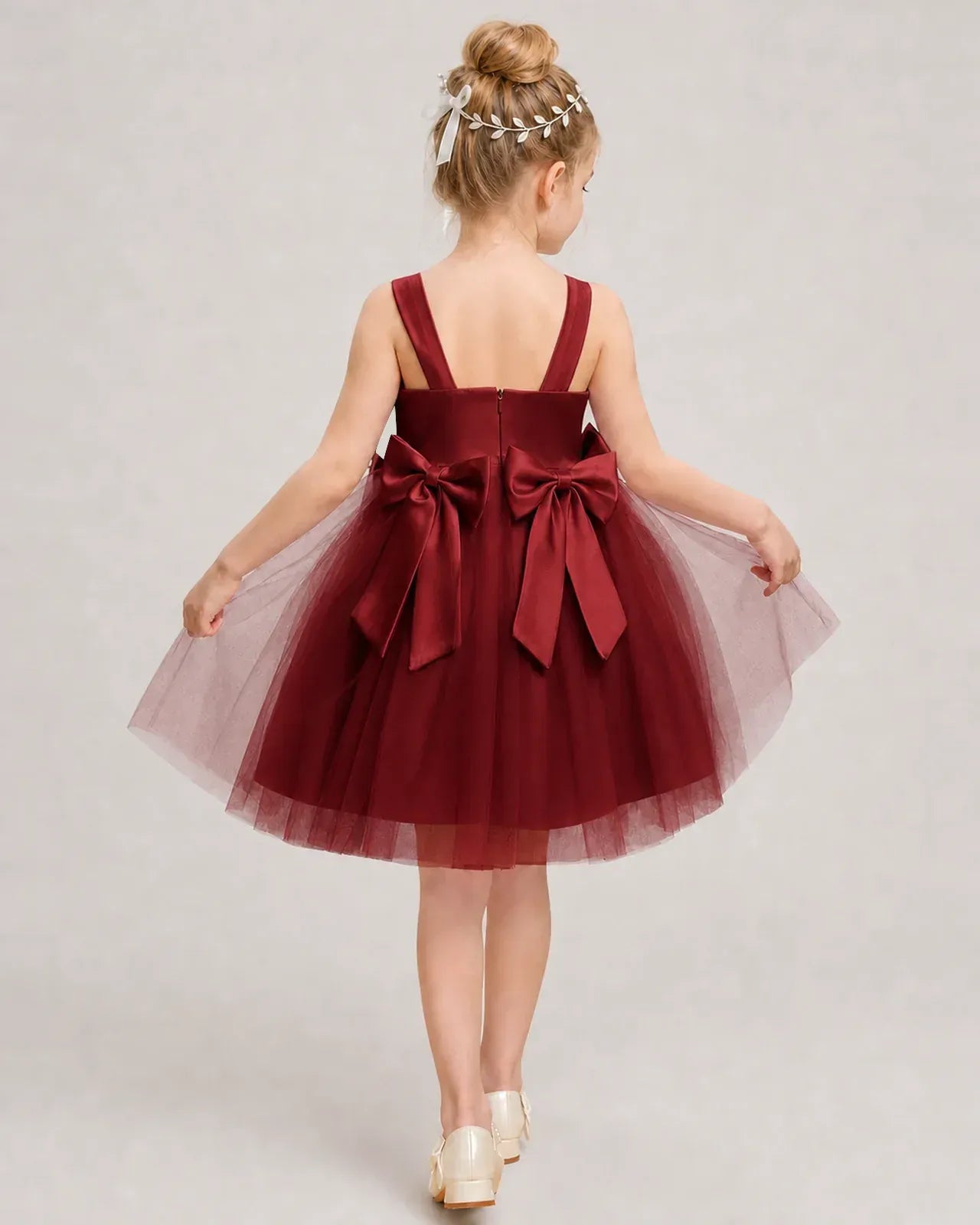 Burgundy Satin Tulle A-line Girls Formal Dress Back View