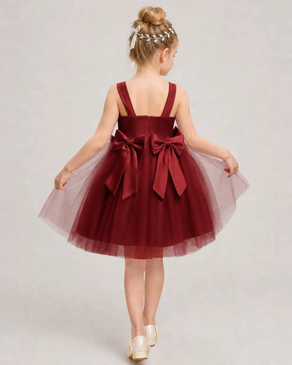 Burgundy Satin Tulle A-line Girls Formal Dress Back View