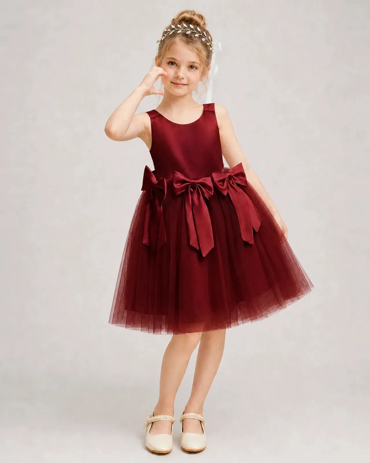Burgundy Satin Tulle A-line Girls Formal Dress Front View
