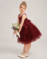 Burgundy Satin Tulle A-line Girls Formal Dress Side View