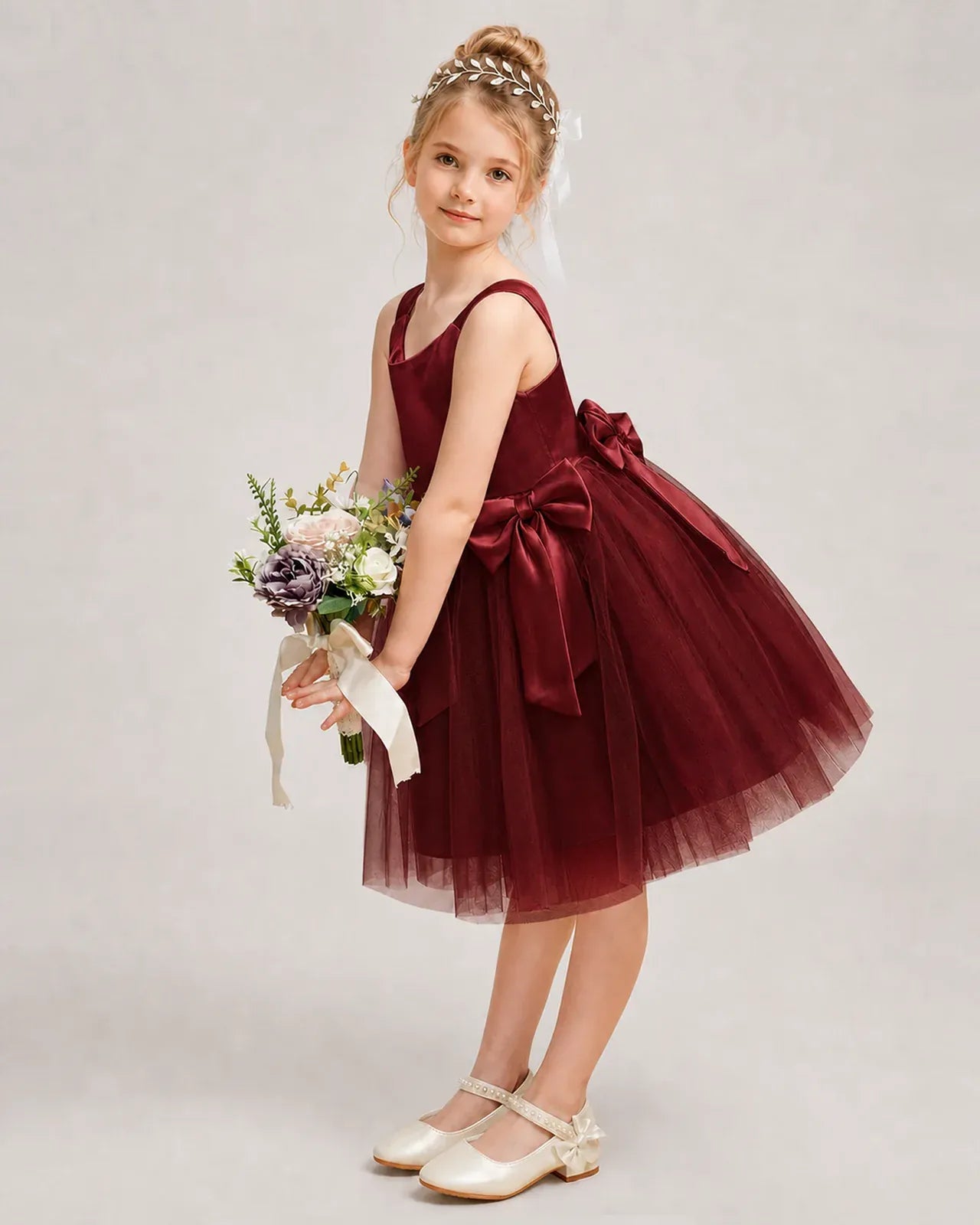 Burgundy Satin Tulle A-line Girls Formal Dress Side View