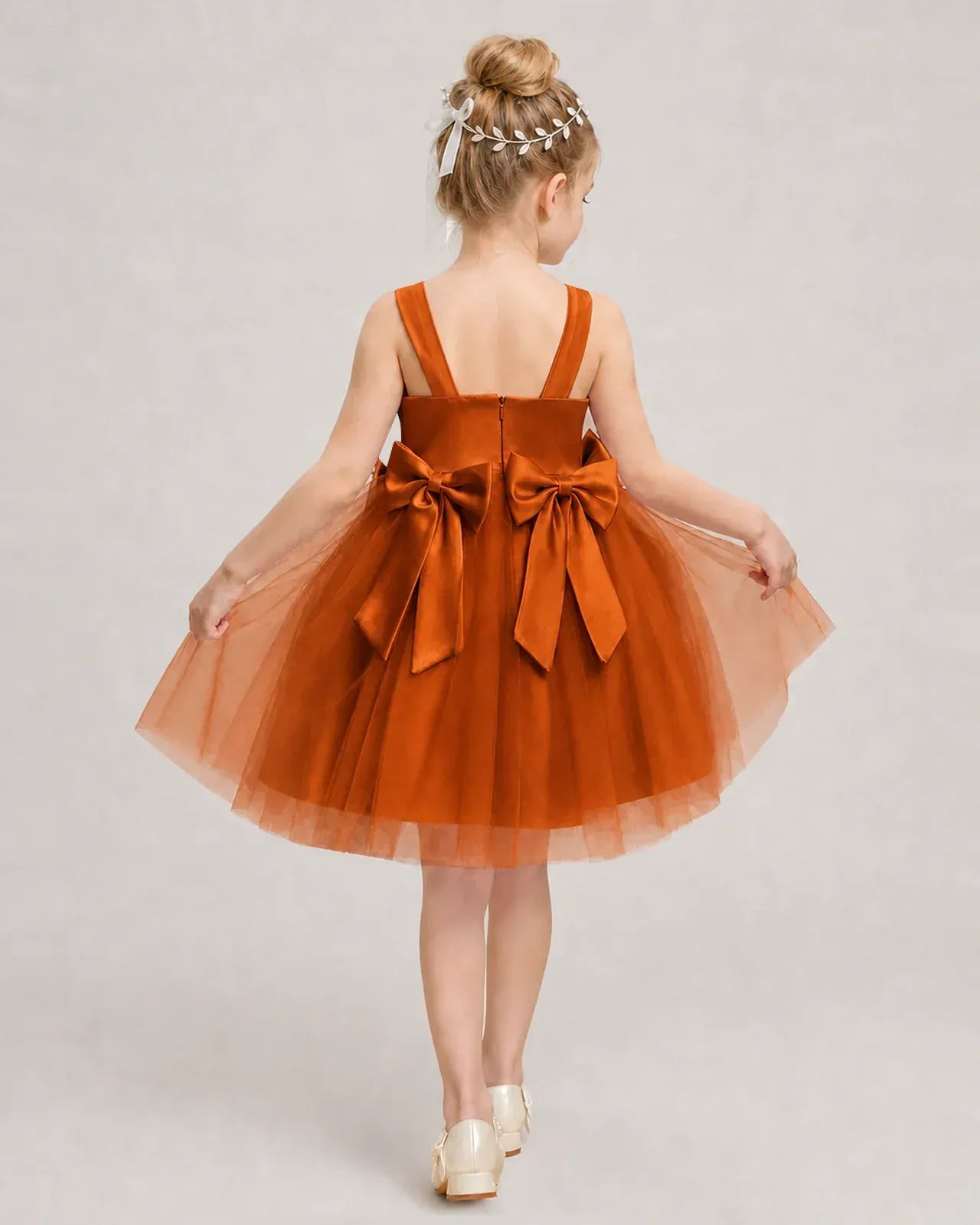 Burntorange Satin Tulle A-line Girls Formal Dress Back View