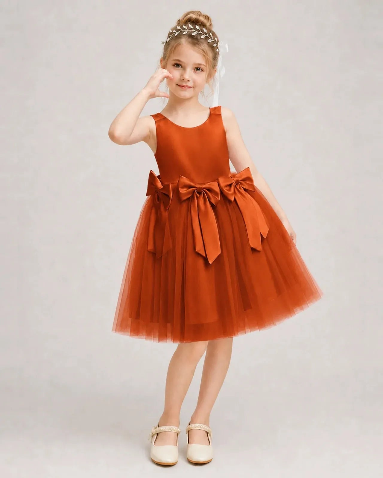 Burntorange Satin Tulle A-line Girls Formal Dress Front View