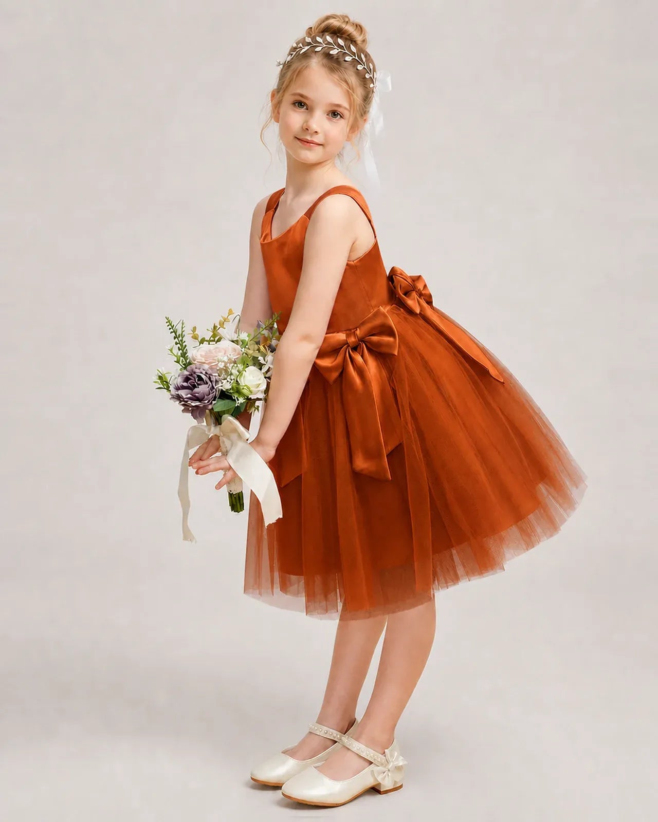 Burntorange Satin Tulle A-line Girls Formal Dress Side View