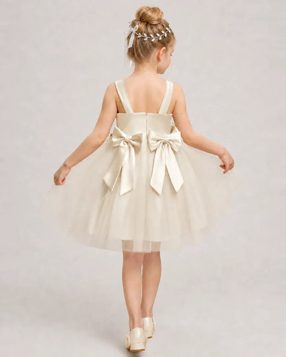 Champagne Satin Tulle A-line Girls Formal Dress Back View