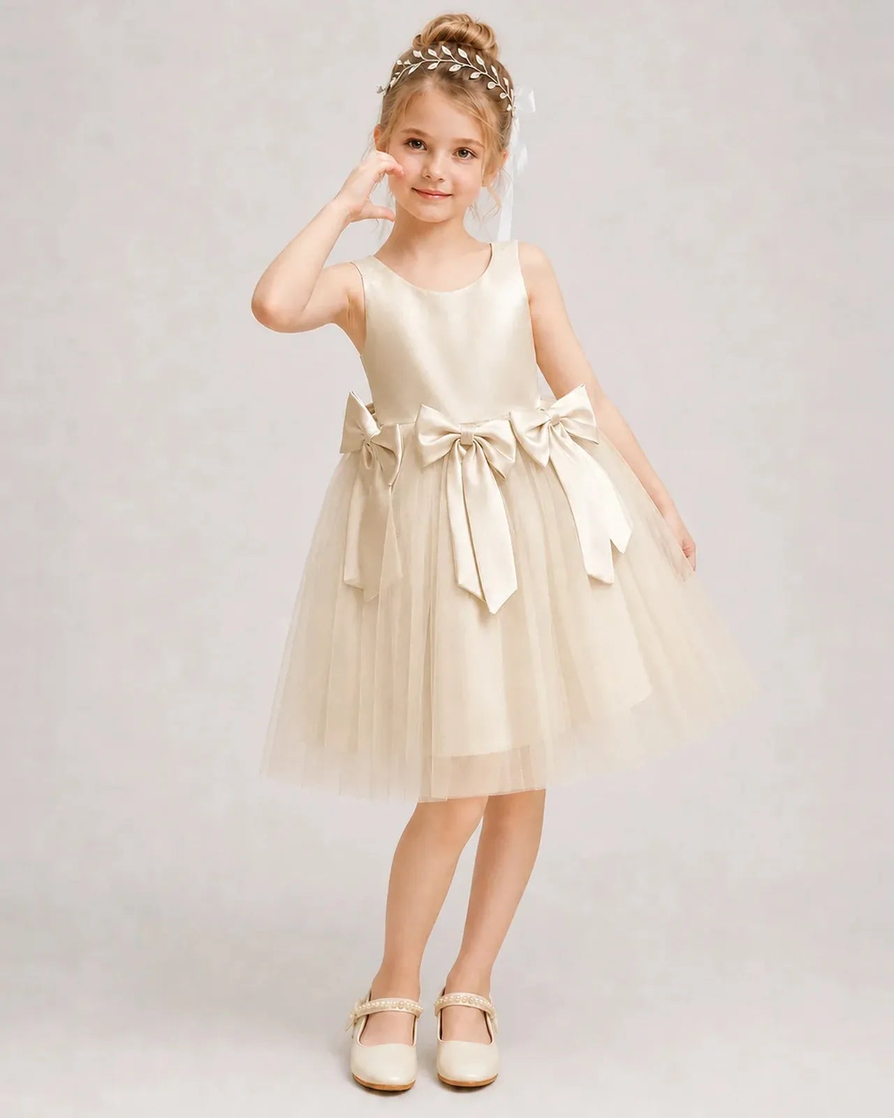 Champagne Satin Tulle A-line Girls Formal Dress Front View