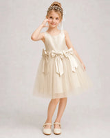 Champagne Satin Tulle A-line Girls Formal Dress Front View