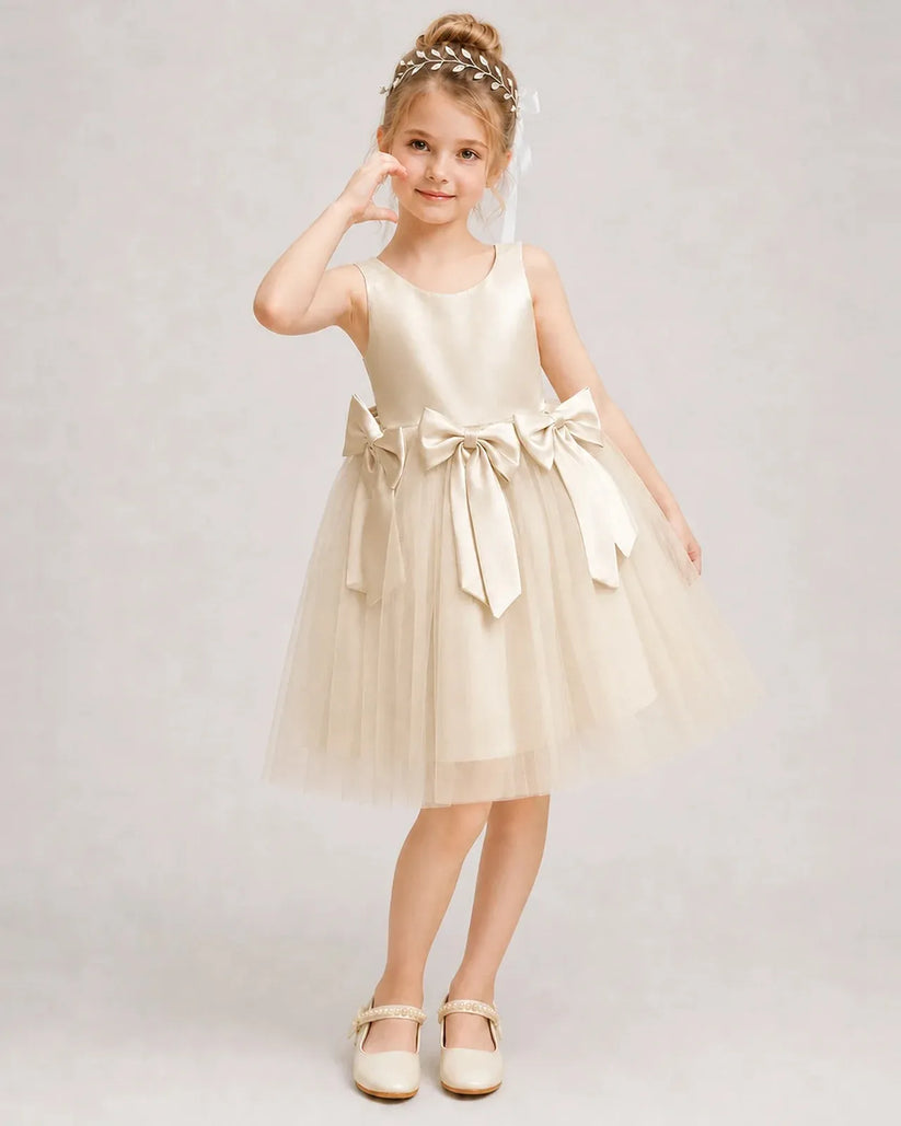 Champagne Satin Tulle A-line Girls Formal Dress Front View