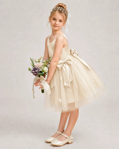 Champagne Satin Tulle A-line Girls Formal Dress Side View