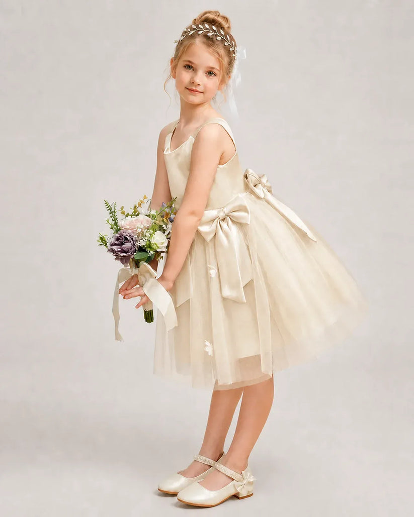 Champagne Satin Tulle A-line Girls Formal Dress Side View