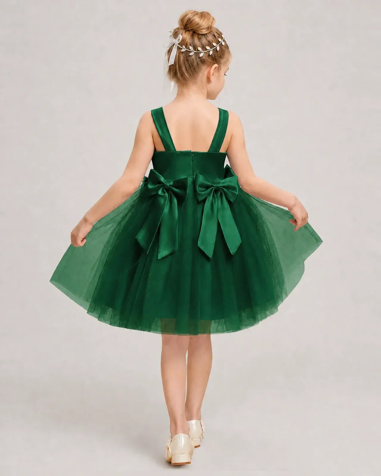 Darkgreen Satin Tulle A-line Girls Formal Dress Back View