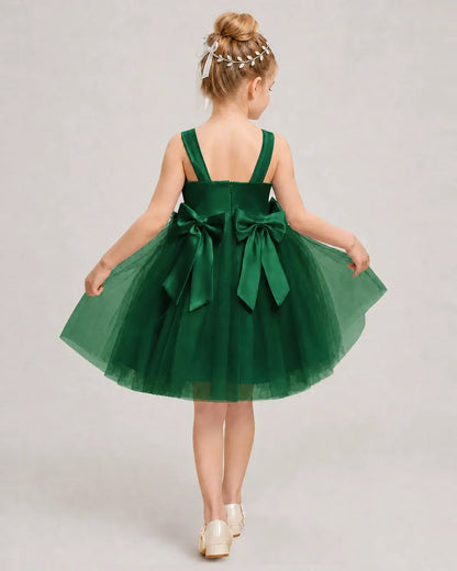 Darkgreen Satin Tulle A-line Girls Formal Dress Back View