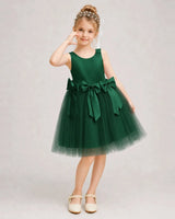 Darkgreen Satin Tulle A-line Girls Formal Dress Front View