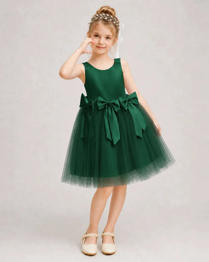 Darkgreen Satin Tulle A-line Girls Formal Dress Front View