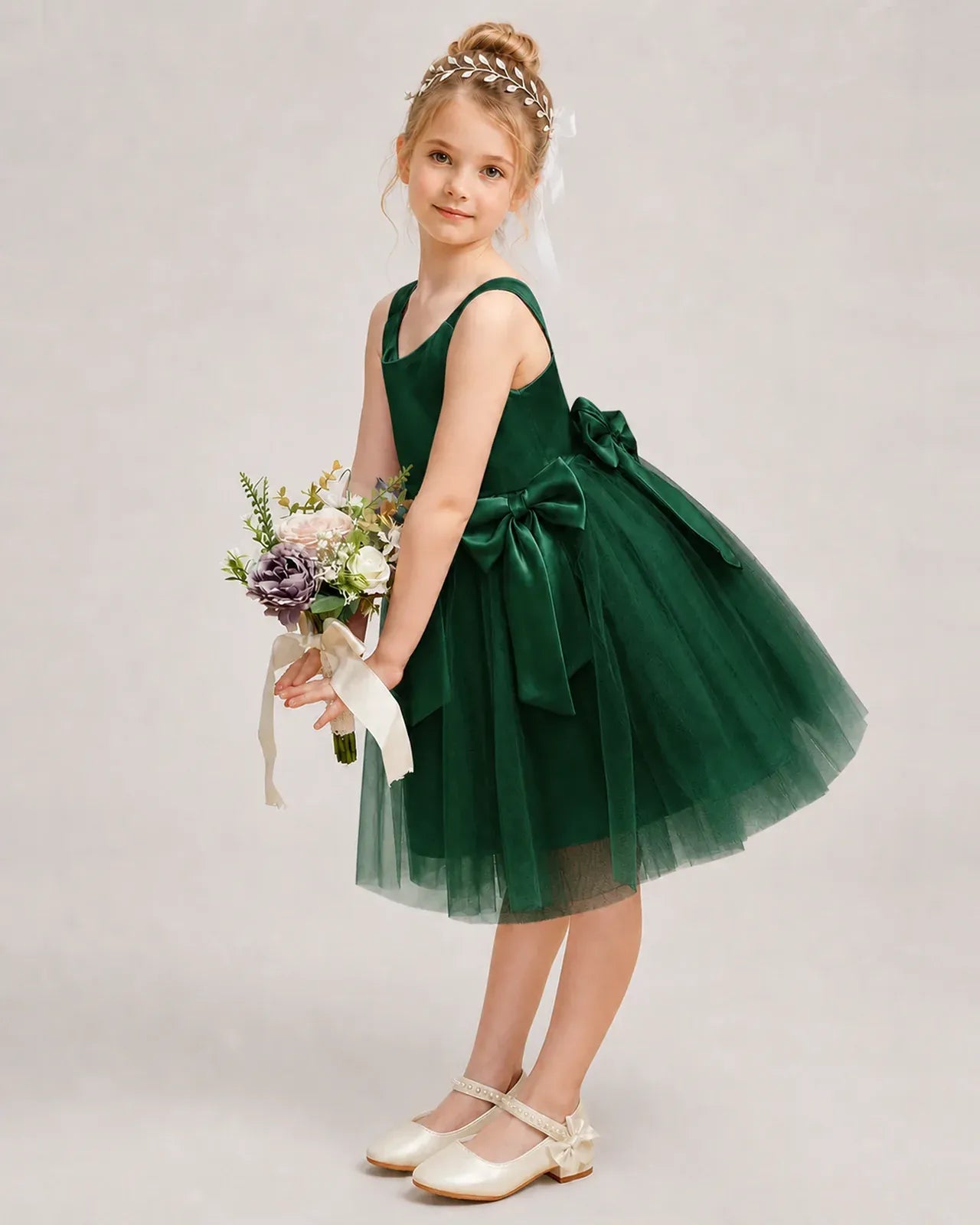 Darkgreen Satin Tulle A-line Girls Formal Dress Side View