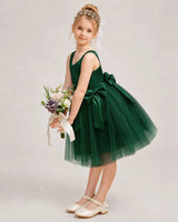 Darkgreen Satin Tulle A-line Girls Formal Dress Side View