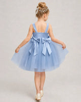 Dustyblue Satin Tulle A-line Girls Formal Dress Back View